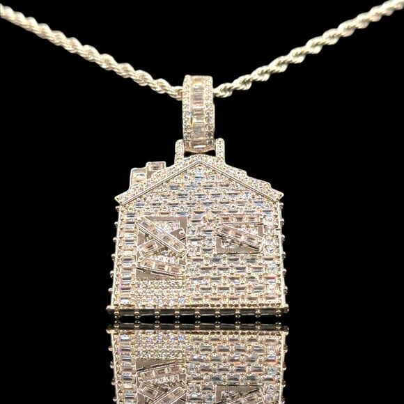 14K White Gold Finish Baguette CZ Trap House - Free 24" x 3mm Rope Chain. - Picture 1 of 9